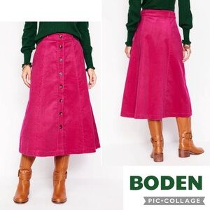 BODEN Petra Cord Button Front Swishy Midi Skirt Cherry Jam Pink NWT Size 8